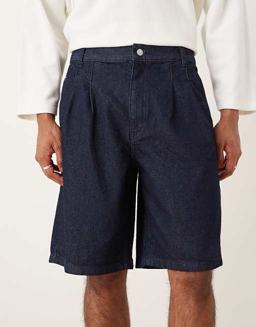 ASOS DESIGN Long Length Double Pleated Denim Jort In Mid Wash Blue