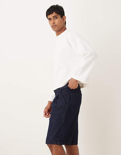 ASOS DESIGN Long Length Double Pleated Denim Jort In Mid Wash Blue