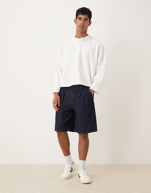 ASOS DESIGN long length double pleated denim jort in mid wash blue