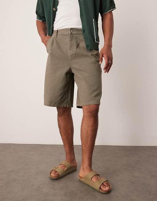 ASOS DESIGN Long Length Pleated Shorts In Khaki
