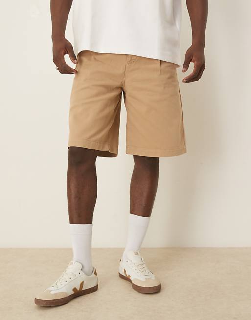 ASOS DESIGN long length pleated shorts with double darts in beige