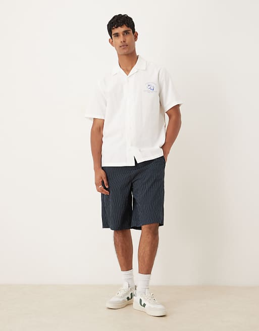 ASOS DESIGN Long Length Pull On Shorts In Navy Pinstripe
