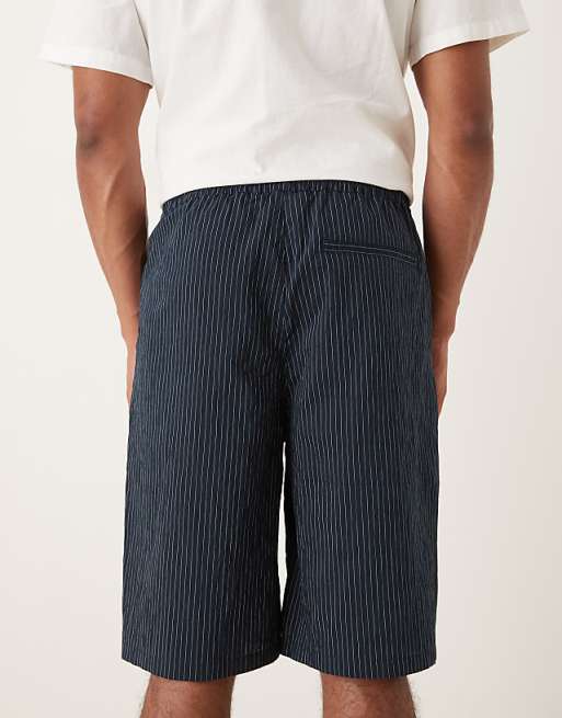 ASOS DESIGN Long Length Pull On Shorts In Navy Pinstripe