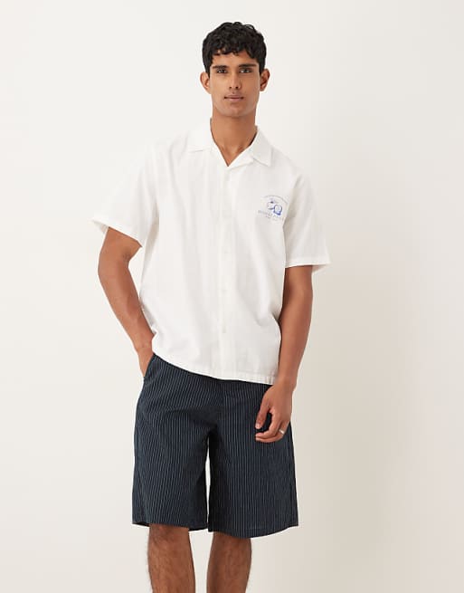 ASOS DESIGN long length pull on shorts in navy pinstripe