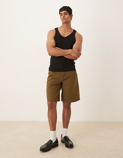ASOS DESIGN long length shorts with pleat detailing in khaki