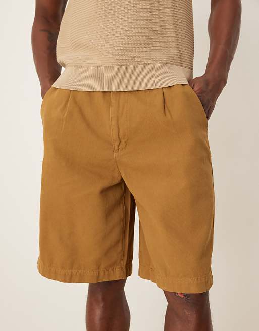 ASOS DESIGN long length shorts with pleats and double darts in tan