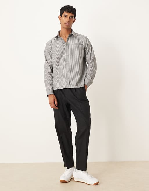 ASOS DESIGN Long Sleeve Overshirt With Square Collar In Charcoal Stripe