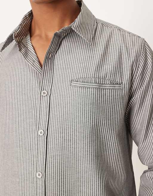 ASOS DESIGN Long Sleeve Overshirt With Square Collar In Charcoal Stripe