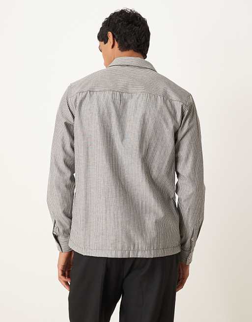 ASOS DESIGN Long Sleeve Overshirt With Square Collar In Charcoal Stripe