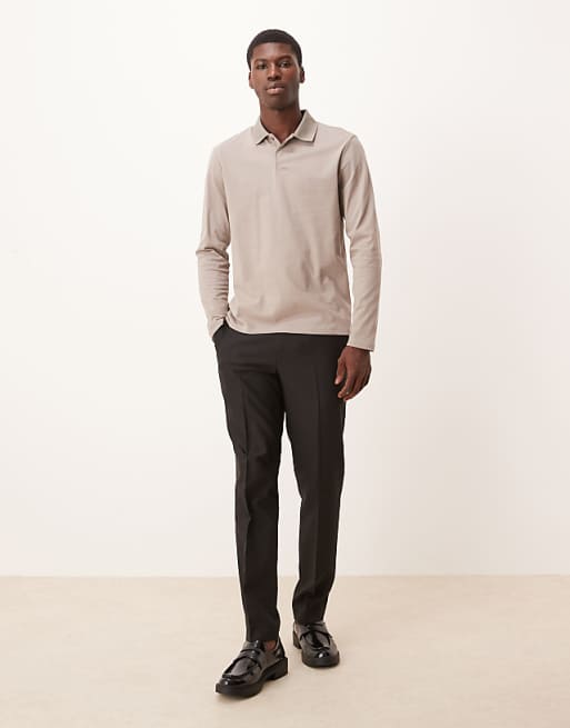 ASOS DESIGN Long Sleeve Polo In Stone