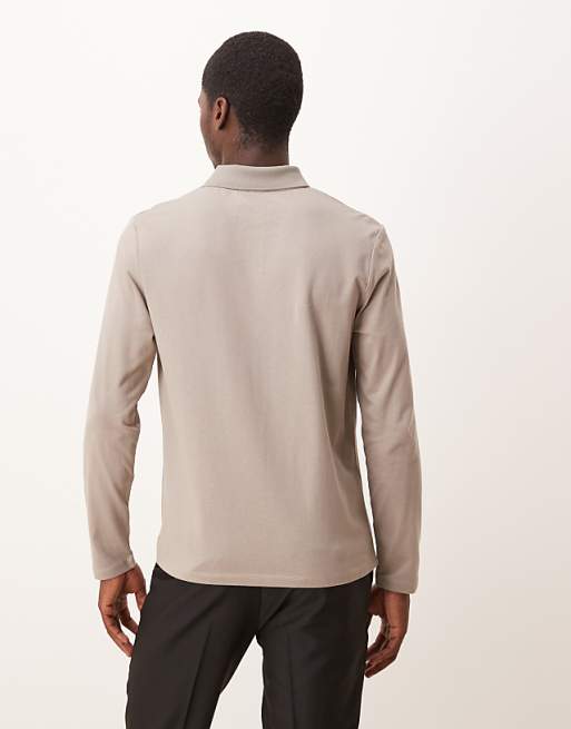 ASOS DESIGN Long Sleeve Polo In Stone
