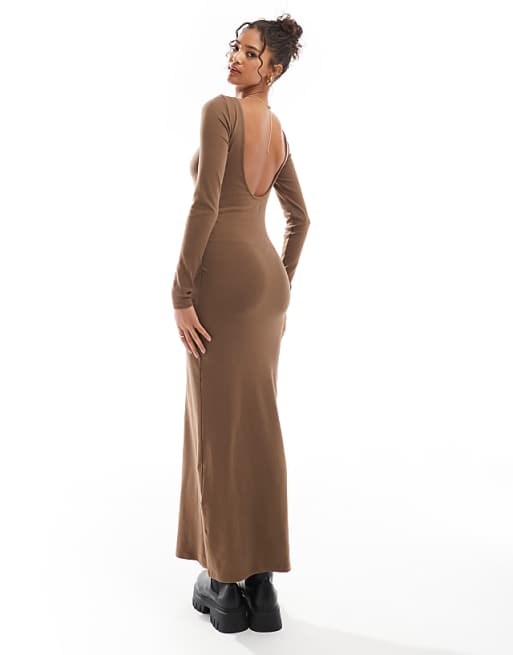 ASOS DESIGN Long Sleeve Ruched Side Midi Dress In Brown