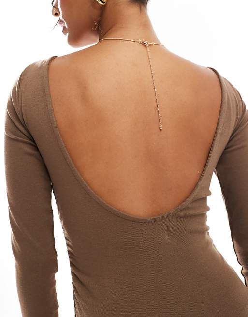 ASOS DESIGN Long Sleeve Ruched Side Midi Dress In Brown