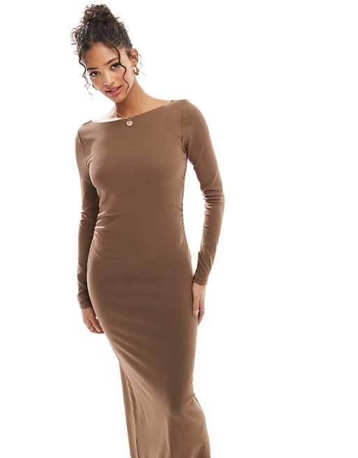 ASOS DESIGN Long Sleeve Ruched Side Midi Dress In Brown