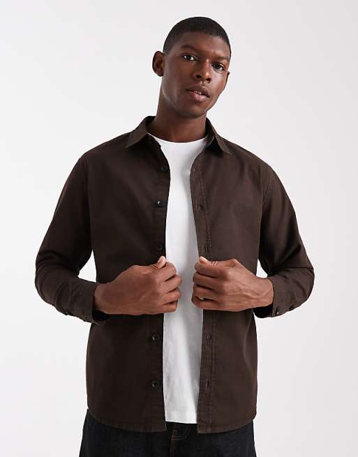 ASOS DESIGN long sleeve shirt in brown ripstop
