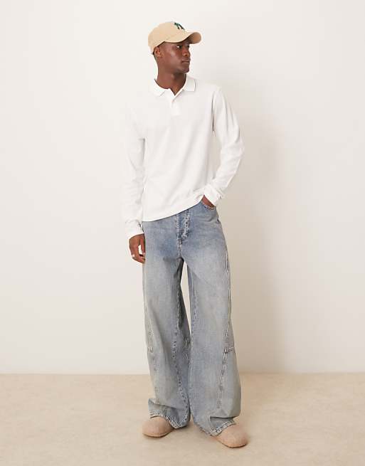 ASOS DESIGN Long Sleeve Smart Polo In White Pique