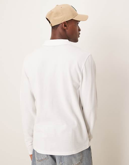 ASOS DESIGN Long Sleeve Smart Polo In White Pique