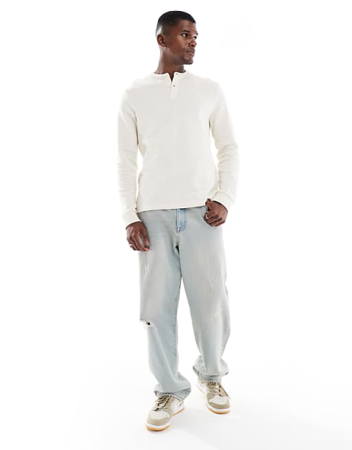 ASOS DESIGN Long Sleeve T-shirt With Henley Neck In Cream Waffle