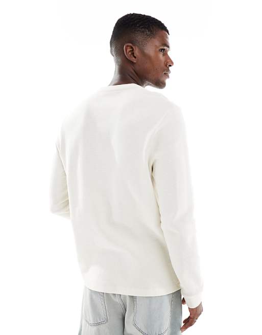 ASOS DESIGN Long Sleeve T-shirt With Henley Neck In Cream Waffle