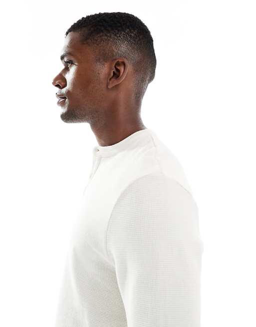 ASOS DESIGN Long Sleeve T-shirt With Henley Neck In Cream Waffle