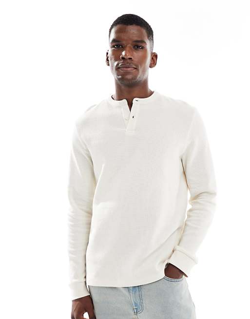 ASOS DESIGN long sleeve t-shirt with henley neck in cream waffle