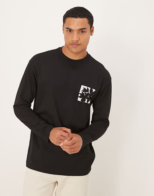 ASOS DESIGN long sleeve t-shirt with small flower chest print in black