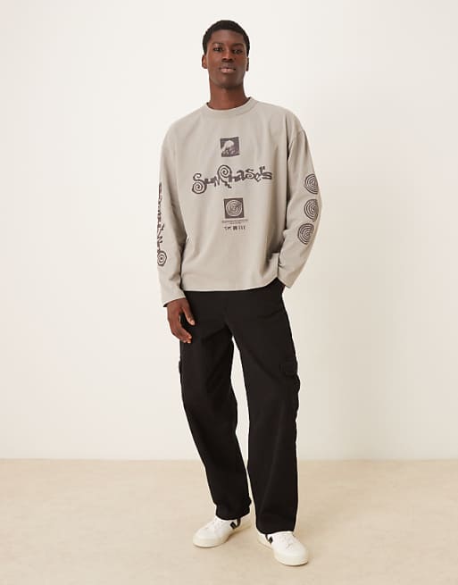 ASOS DESIGN Long Sleeve T-shirt With Sun Chaser Graphic In Washed Stone
