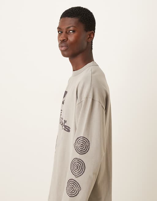 ASOS DESIGN Long Sleeve T-shirt With Sun Chaser Graphic In Washed Stone