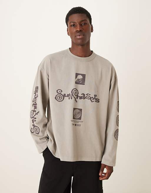 ASOS DESIGN long sleeve t-shirt with sun chaser graphic in washed stone ASOS DESIGN long sleeve t-shirt with sun chaser graphic in washed stone