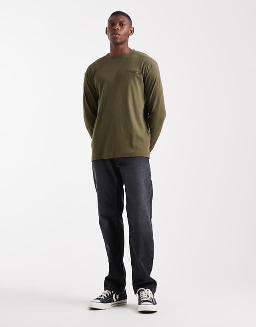ASOS DESIGN Long Sleeve T-shirt With Text Graphic In Khaki Rib
