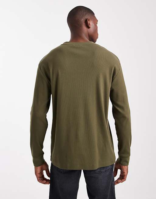 ASOS DESIGN Long Sleeve T-shirt With Text Graphic In Khaki Rib