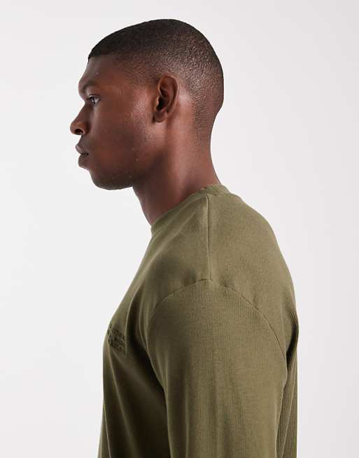 ASOS DESIGN Long Sleeve T-shirt With Text Graphic In Khaki Rib