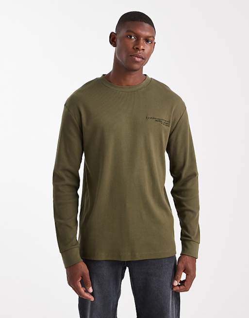 ASOS DESIGN long sleeve t-shirt with text graphic in khaki rib