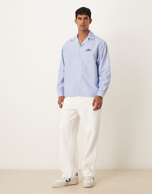 ASOS DESIGN Long Sleeved Oversized Fit Shirt With Embroidery Detail In Blue And White Stripe Cotton