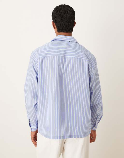 ASOS DESIGN Long Sleeved Oversized Fit Shirt With Embroidery Detail In Blue And White Stripe Cotton
