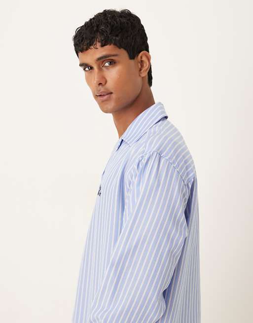 ASOS DESIGN Long Sleeved Oversized Fit Shirt With Embroidery Detail In Blue And White Stripe Cotton