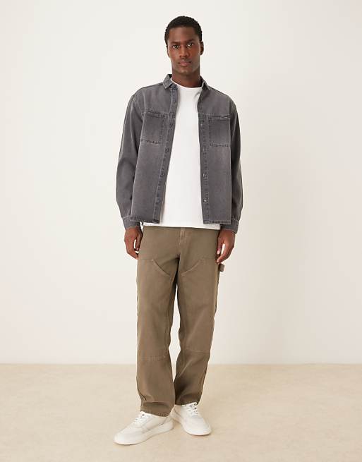 ASOS DESIGN Long Sleeved Pocket Detail Shirt In Grey Wash Denim