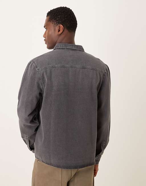 ASOS DESIGN Long Sleeved Pocket Detail Shirt In Grey Wash Denim