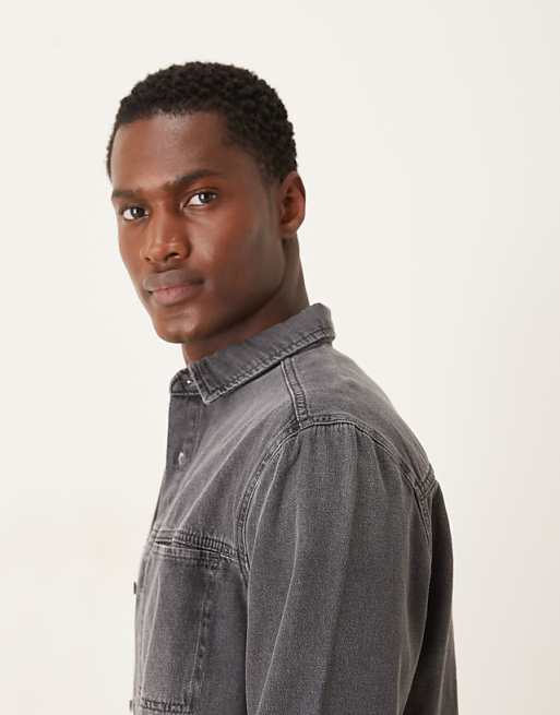 ASOS DESIGN Long Sleeved Pocket Detail Shirt In Grey Wash Denim