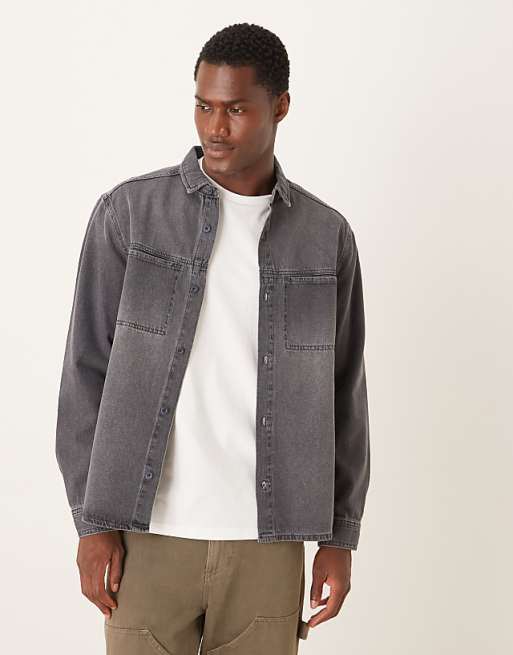 ASOS DESIGN long sleeved pocket detail shirt in grey wash denim