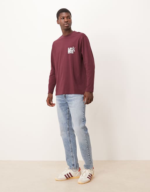 ASOS DESIGN Long Sleeved Relaxed Fit T-shirt With Print Detail In Burgundy