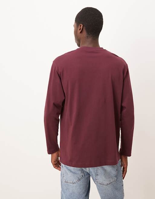 ASOS DESIGN Long Sleeved Relaxed Fit T-shirt With Print Detail In Burgundy