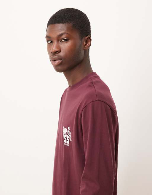 ASOS DESIGN Long Sleeved Relaxed Fit T-shirt With Print Detail In Burgundy