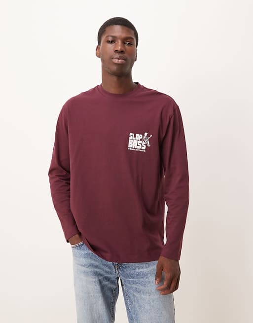 ASOS DESIGN long sleeved relaxed fit t-shirt with print detail in burgundy