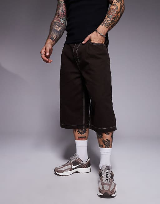 ASOS DESIGN Longer Length Contrast Stitch Shorts In Brown With Pleats
