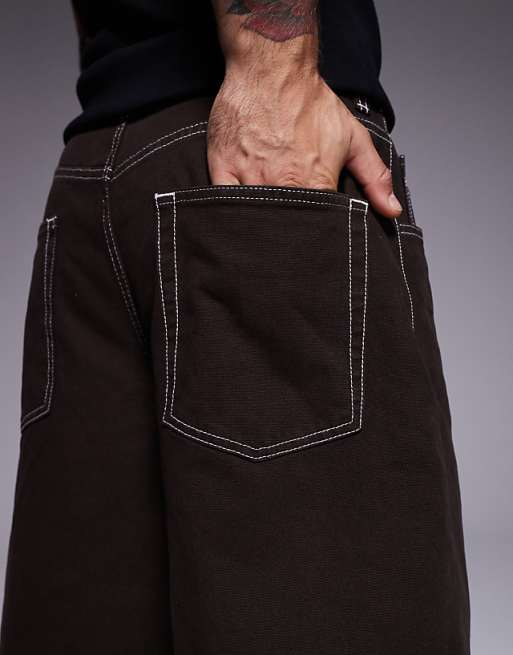 ASOS DESIGN Longer Length Contrast Stitch Shorts In Brown With Pleats