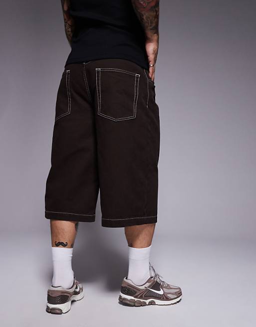 ASOS DESIGN Longer Length Contrast Stitch Shorts In Brown With Pleats
