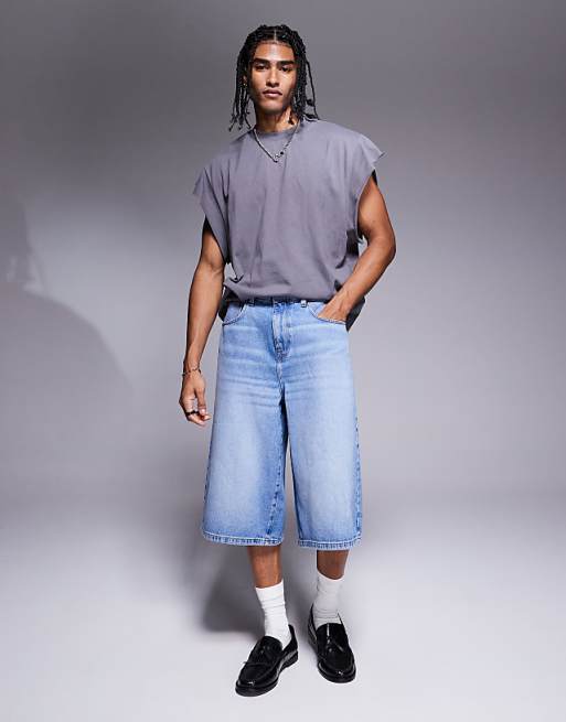 ASOS DESIGN longer length denim jort in light wash blue