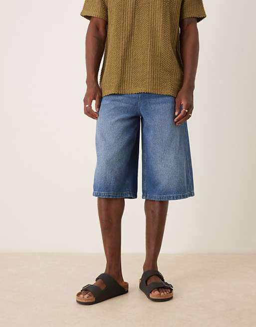 ASOS DESIGN Longer Length Denim Jort In Mid Wash Blue