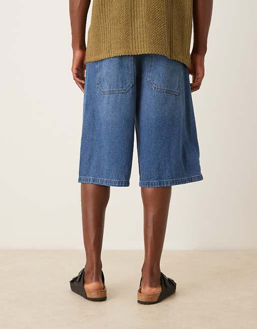 ASOS DESIGN Longer Length Denim Jort In Mid Wash Blue
